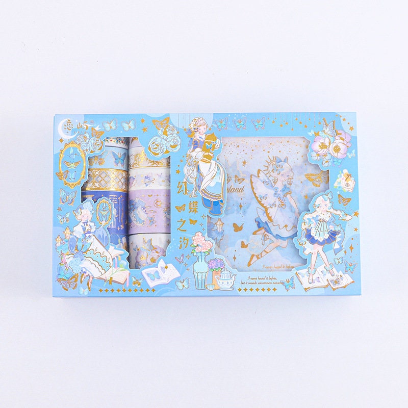 Anime Girl Washi Tape Set - 10 Rolls and Stickers in Blue Packaging with Cute Kawaii Characters and Floral Designs