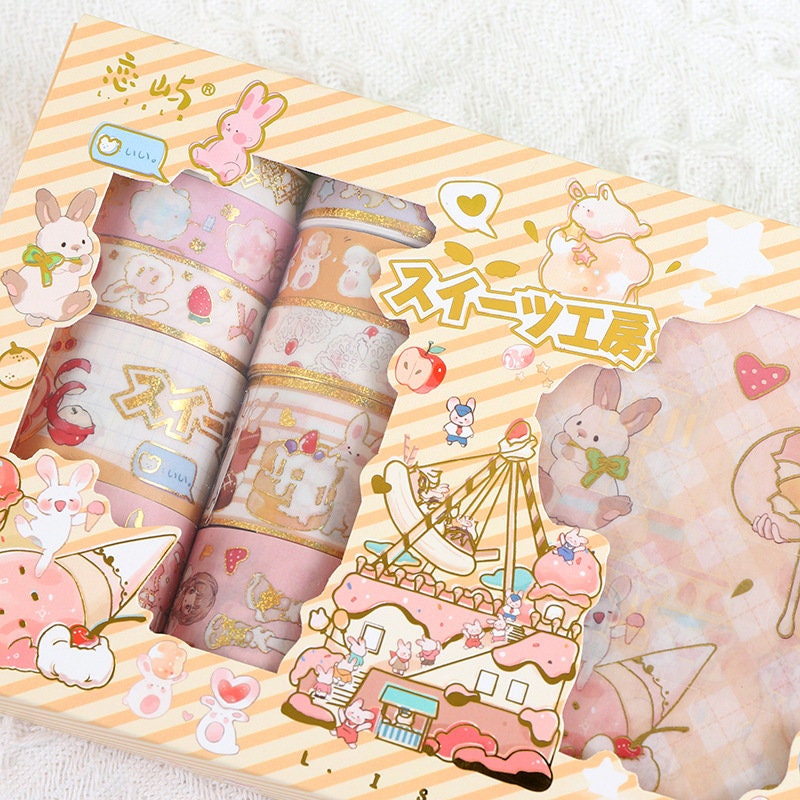 Anime Girl Washi Tape Set - 10 Rolls and Stickers featuring kawaii designs with cute animals, pastel colors, and decorative patterns. Perfect for scrapbooking, journaling, and DIY crafts.