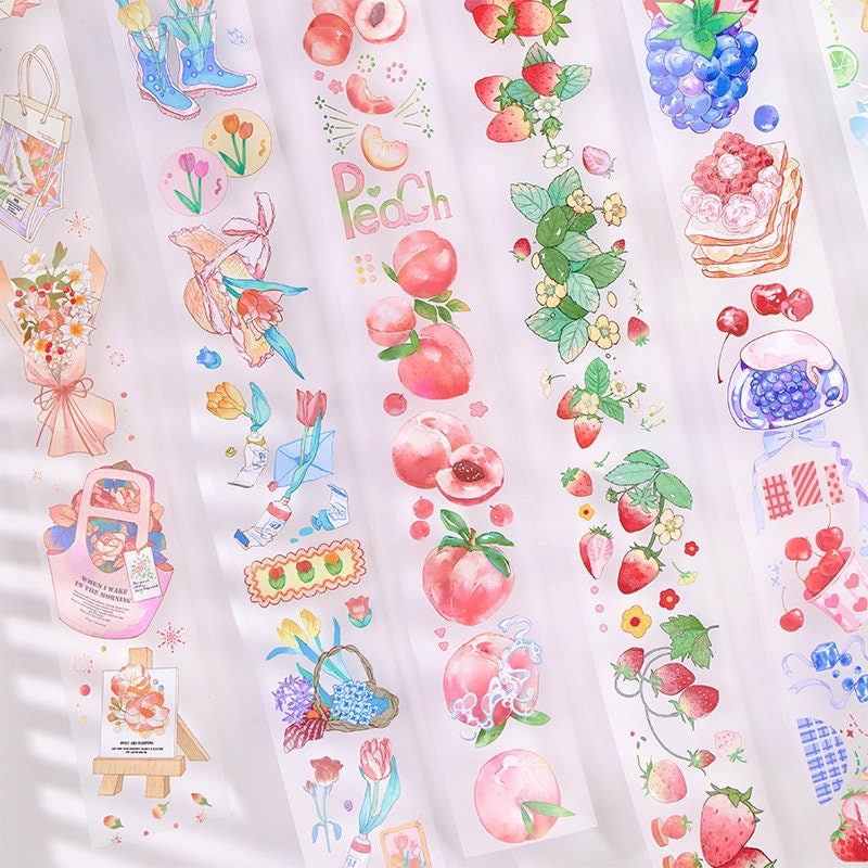 Kawaii Fruits Matte Washi Tape featuring colorful illustrations of strawberries, peaches, blueberries, and cherries - perfect for crafting and DIY projects.