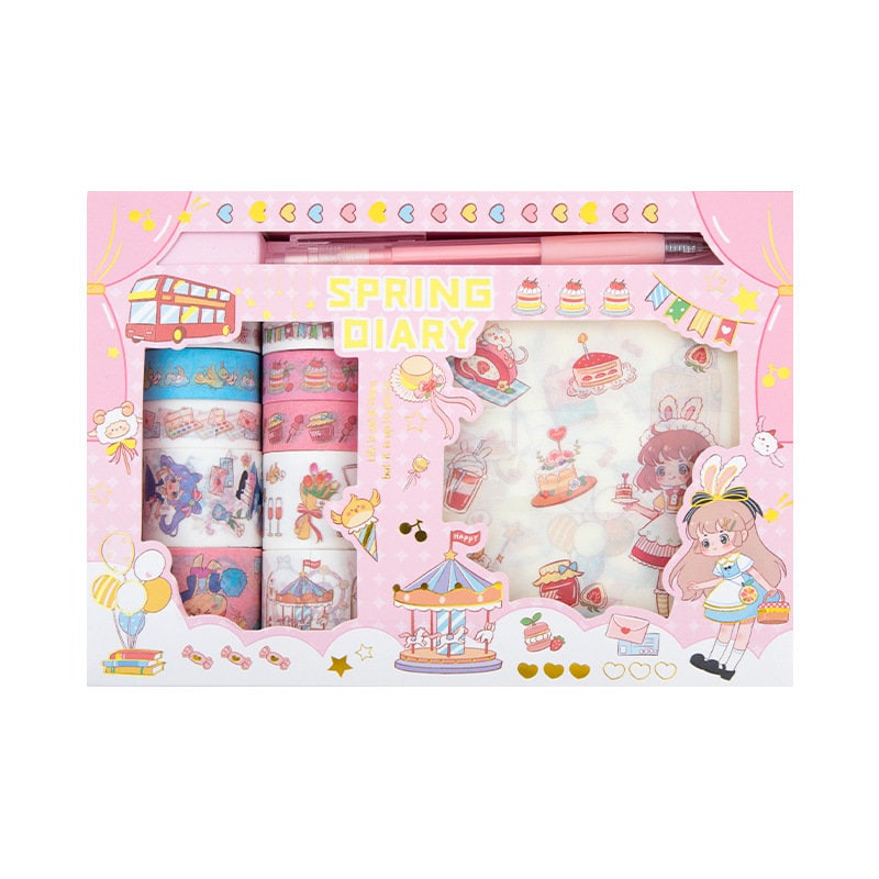 Cupcake Washi Tape Set - 10 Rolls, Stickers & Knife in Kawaii Style, Pastel Colors, Cute Dessert and Character Designs, Decorative Stationery for Journals and Crafts.