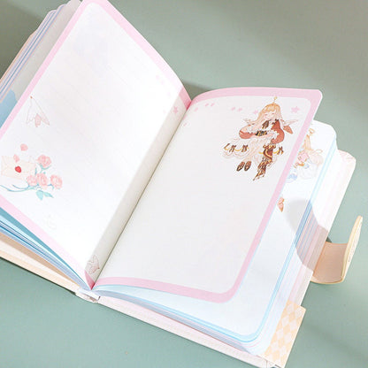 Romantic Dream Leather Journal - A5 notebook with magnetic buckle, open pages with cute kawaii illustrations, pastel colors, and lined paper for notes and journaling.