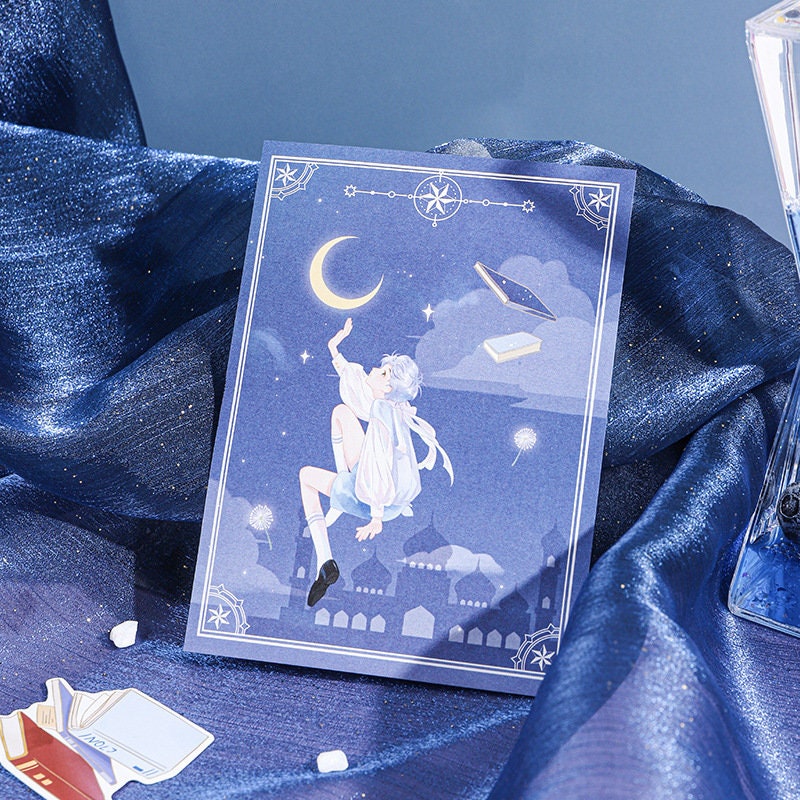 Falling Stars Decorative Sticky Notepad Set with a dreamy night sky theme, featuring an illustrated character reaching for the crescent moon, floating books, and whimsical castles, perfect for kawaii stationery lovers.