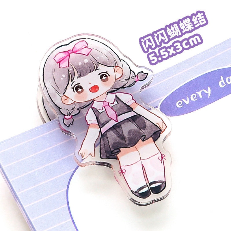 Kawaii Girl Paper Clip featuring a cute cartoon character with gray hair, pink bow, and school uniform, perfect for office and school supplies, 5.5x3cm.