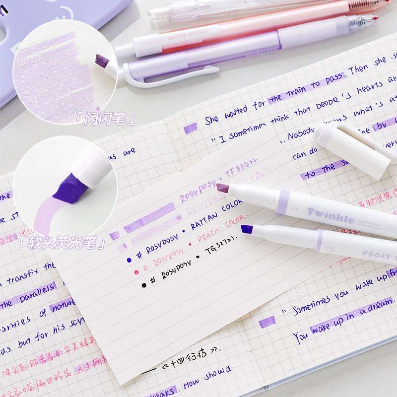 Quick Dry Gel Pen Set - 5-Piece, .5mm Micro Point in pastel colors with sample writing and highlighter swatches on white paper with purple doodles and text.