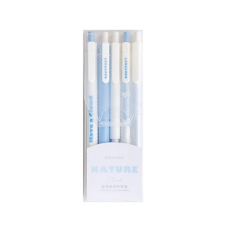 Pack of 5 pastel quick-dry gel pens with black ink in a clear plastic case, featuring light blue and white pen barrels.