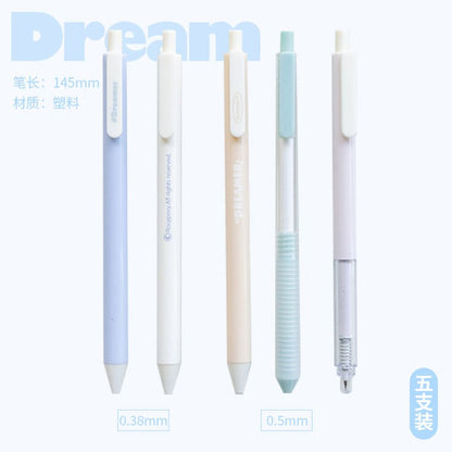 Pastel quick-dry gel pens with black ink, pack of 5, featuring light blue, white, peach, mint green, and lavender pen bodies.