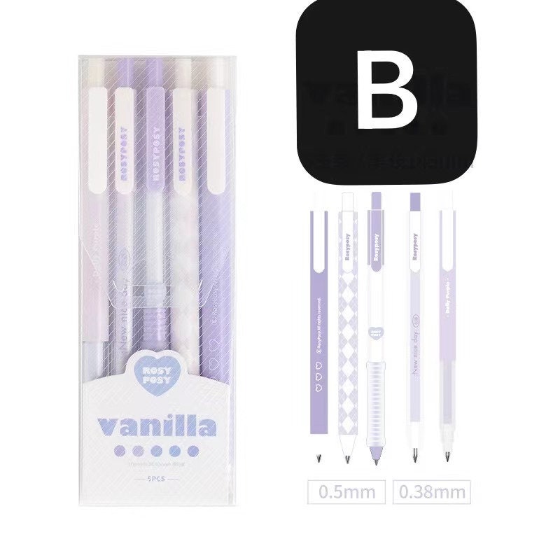 Pastel Aesthetic Gel Pens - 5 Pack 0.5mm Quick Dry in lavender and white shades with cute patterns, perfect for school, journaling, and note-taking.