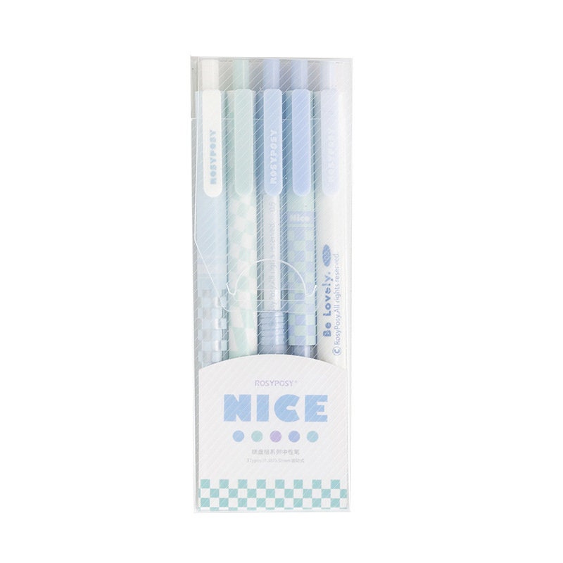 Pastel Aesthetic Gel Pens 5 Pack 0.5mm Quick Dry, featuring blue and white checkered design, packaged in a clear case