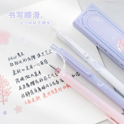 Kawaii Quick-Dry Dual Color Micro Pen with 0.5mm tip in pastel pink and purple, featuring cute designs and a sample of smooth writing on paper.