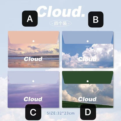 Portable A4 File Folder with Button Closure, Cloud Design, Set of 4, Sky and Scenery Patterns in Various Colors, Size 32x23cm