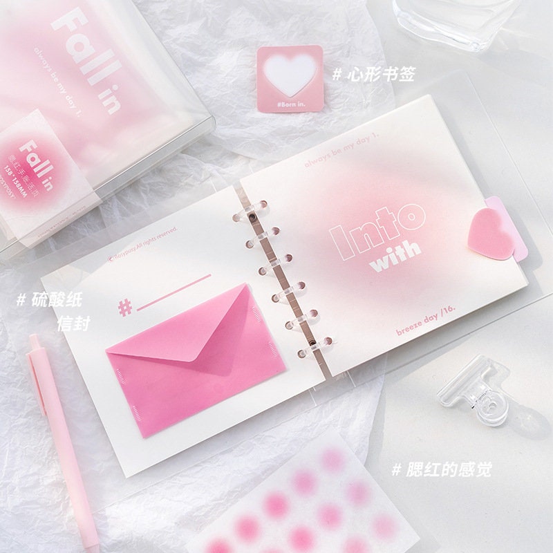 Spiral notebook with heart stickers, 61 pages, kawaii style, pink envelope, pink pen, stationery set, cute journaling supplies, pastel aesthetic, gift idea for teens.