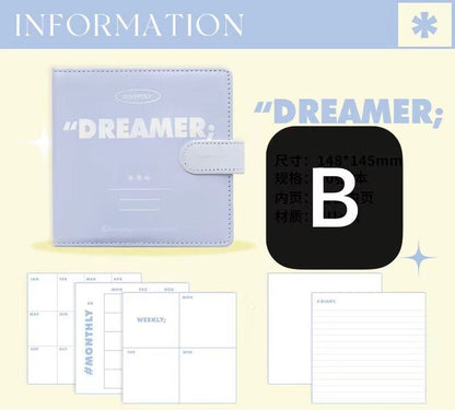 Moonlight Dreamer Colorful Journal with 84 Pages. Light purple cover with "DREAMER" text, snap closure. Features monthly and weekly planner pages, diary sections. 148x145mm, durable and stylish. Perfect for note-taking, planning, and journaling.