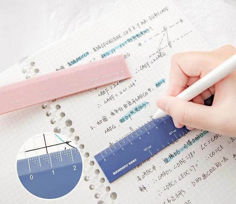 Hand using a blue ruler and pen to write on grid notebook paper with pink ruler and graph insert, showcasing Cute Vegetable Decorative Paper Clip for Office.