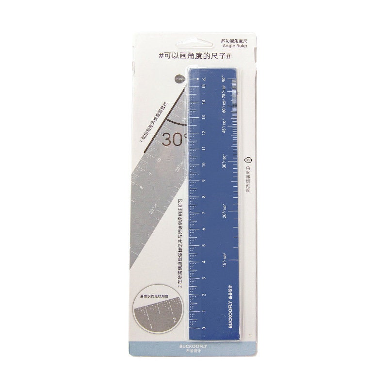 Packaging of a blue angle ruler with various degree markings for drawing precise angles, labeled in both Chinese and English, suitable for office and school use.