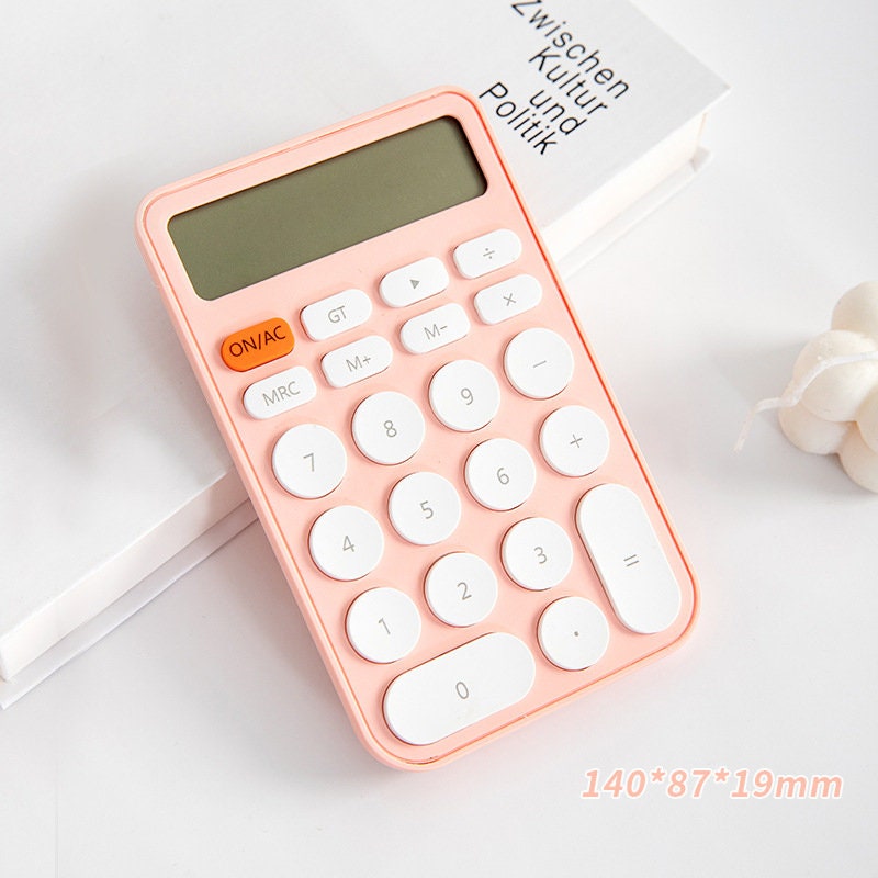 Big Button Cute Electronic Calculator in pastel pink with large white buttons, digital display, kawaii stationery.