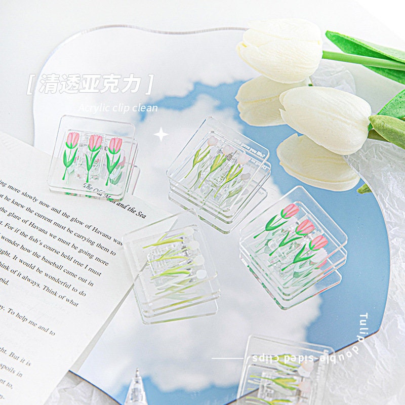 Cute Floral Decorative Clip - Creative Office Supply featuring transparent acrylic clips with pink and green floral designs, perfect for organizing documents and adding a touch of kawaii style to your desk.