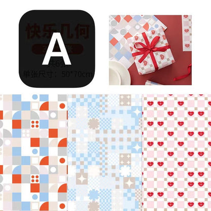 Vibrant patterned gift wrapping paper with geometric designs in red, white, orange, blue, and grey. Features three distinct patterns: multi-colored geometric shapes, soft blue checkered with stars, and red hearts on a pink checkered background. Ideal for gift giving and crafts.