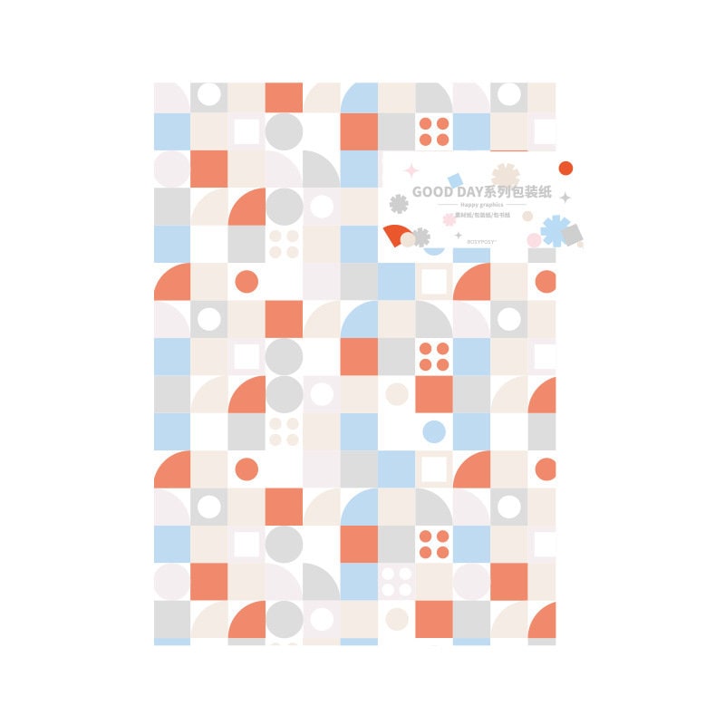 Vibrant patterned gift wrapping paper with geometric shapes in pastel shades of blue, orange, and beige.