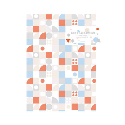 Vibrant patterned gift wrapping paper with geometric shapes in pastel shades of blue, orange, and beige.