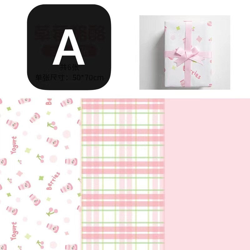 Kawaii pastel gift wrapping paper set - 6 sheets featuring yogurt and berries pattern, pink plaid design, and solid pastel pink. Perfect for cute and adorable gift presentations.