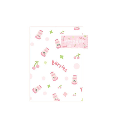 Kawaii pastel gift wrapping paper featuring cute yogurt bottles, cherries, and the word "Berries" in pink. Comes in a set of 6 sheets for adorable and whimsical packaging.