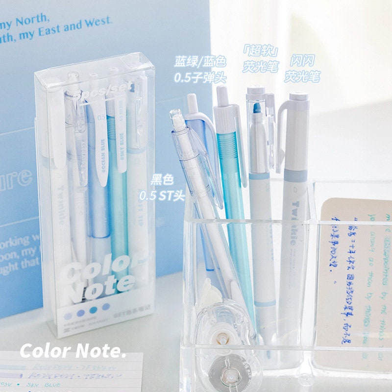 Quick Dry Gel Pen Set - 5-Piece, .5mm Micro Point in Light Blue and White, presented in transparent packaging, ideal for smooth and neat writing.