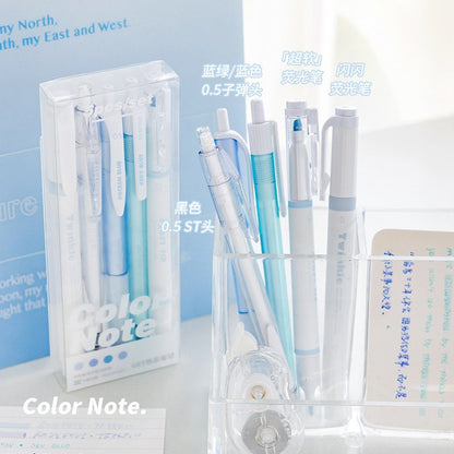 Quick Dry Gel Pen Set - 5-Piece, .5mm Micro Point in Light Blue and White, presented in transparent packaging, ideal for smooth and neat writing.