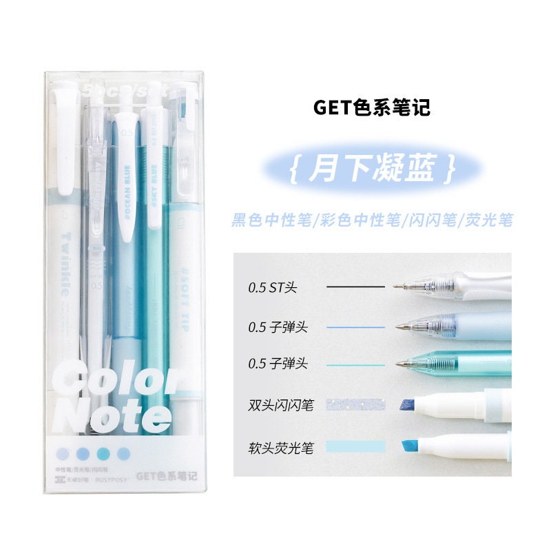 Quick Dry Gel Pen Set - 5-Piece, .5mm Micro Point with blue and white barrels in packaging.