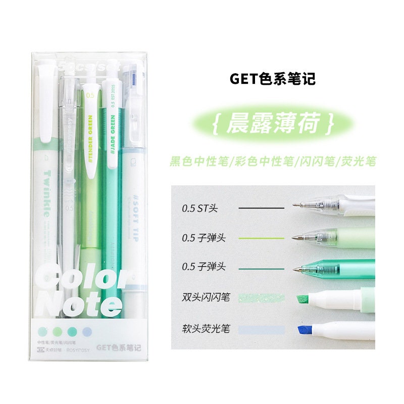 Quick Dry Gel Pen Set, 5-piece, .5mm Micro Point in assorted green and white colors, packaged neatly with various tips illustrated.