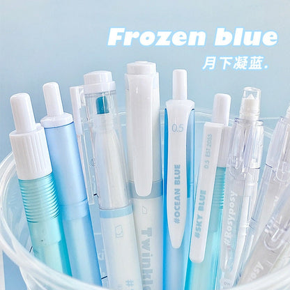 Quick Dry Gel Pen Set in Frozen Blue theme, 5-Piece, .5mm Micro Point, white barrel with blue accents, aesthetic stationery.