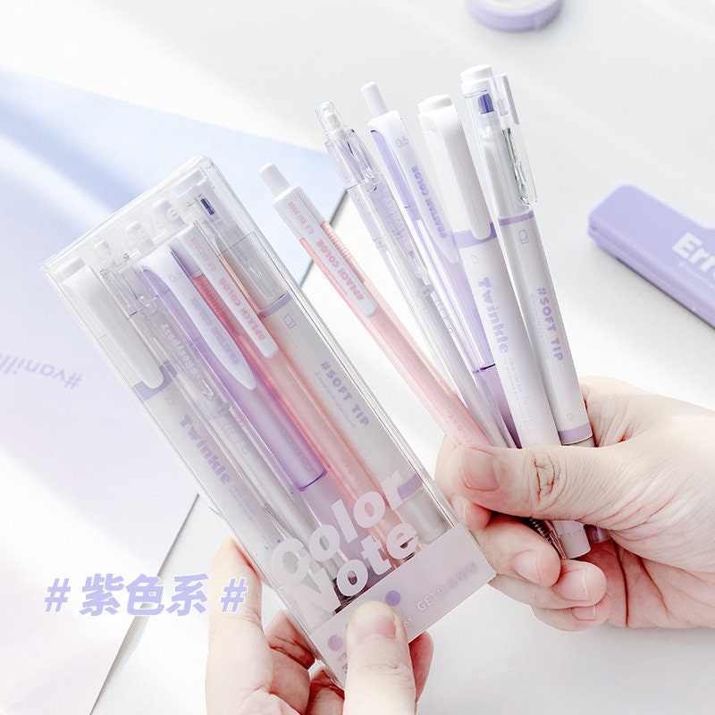 Quick Dry Gel Pen Set - 5-Piece, .5mm Micro Point in pastel colors with soft tips in packaging, kawaii stationary.