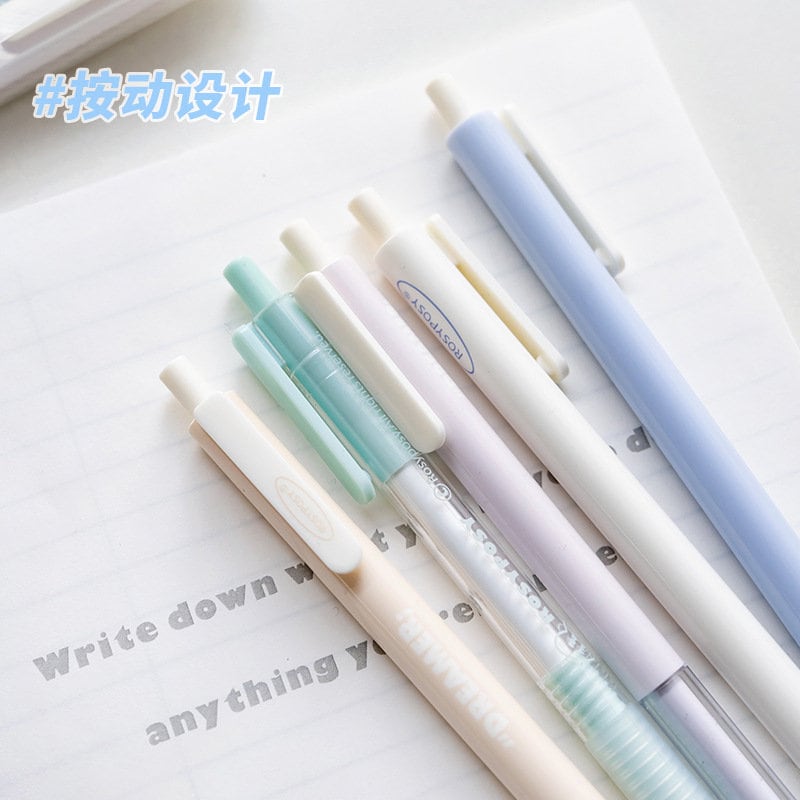 Pastel Quick-Dry Gel Pens - Black Ink, Pack of 5, featuring assorted pastel colors including light blue, white, mint green, and purple, placed on a notebook displaying the phrase "write down anything you need." Perfect for kawaii stationery collection.