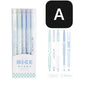 Pastel Aesthetic Gel Pens 5 Pack - 0.5mm Quick Dry assorted colors in a clear case with checkerboard and stripe designs in pastel shades of blue and green.