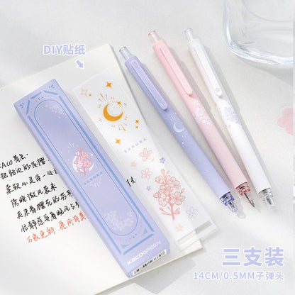 Kawaii Quick-Dry Dual Color Micro Pen set with pastel designs, including purple, pink, and white pens, featuring floral and moon motifs; ideal for cute and functional stationery enthusiasts.