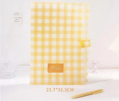 Vibrant yellow gingham button-closure document holder, perfect for organizing papers, size 23.7x32.5cm.