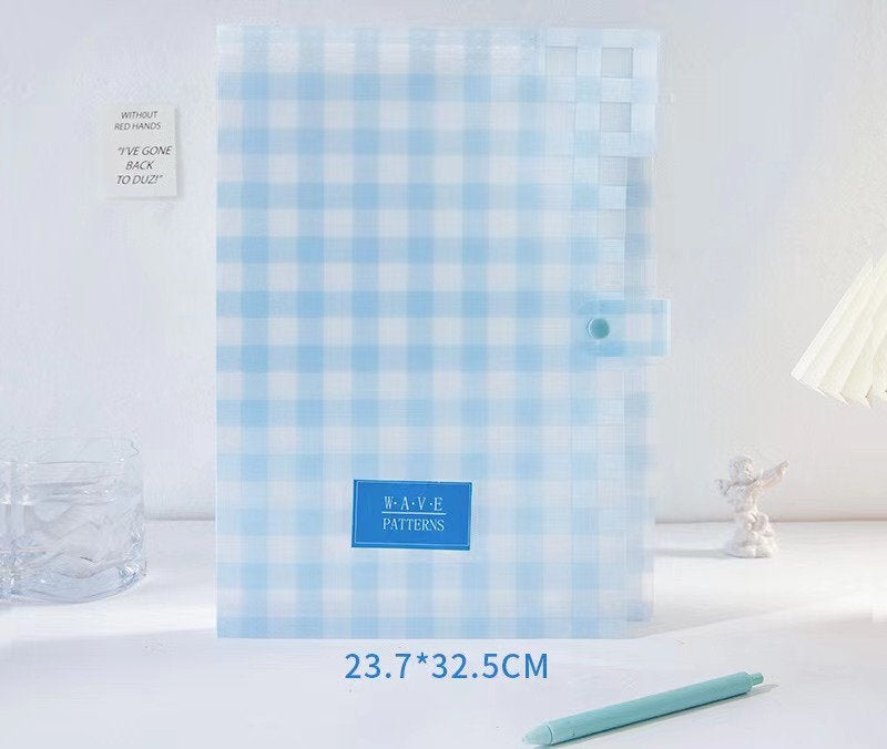 Vibrant Gingham Button-Closure Document Holder in pastel blue with a checkered pattern, 23.7 by 32.5 cm size, perfect for organizing papers and files.