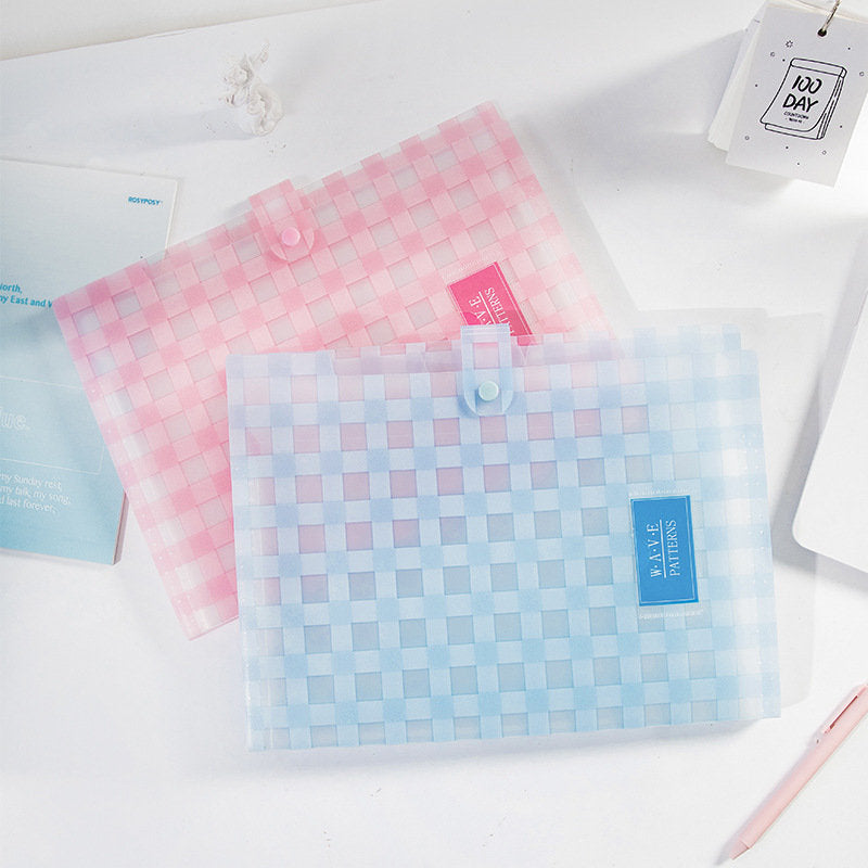 Vibrant Gingham Button-Closure Document Holder in pink and blue colors, featuring a stylish checkered pattern, ideal for organizing papers and stationery.