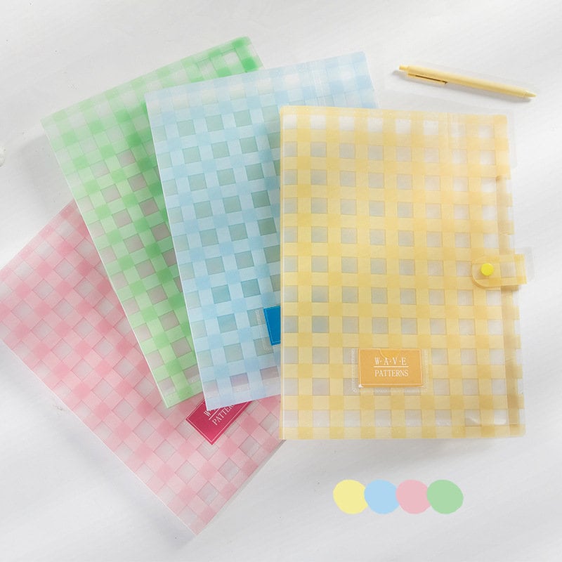 Vibrant Gingham Button-Closure Document Holder in pastel colors, pink, green, blue, and yellow with gingham checkered pattern. Secure button closure ideal for paperwork and organization.