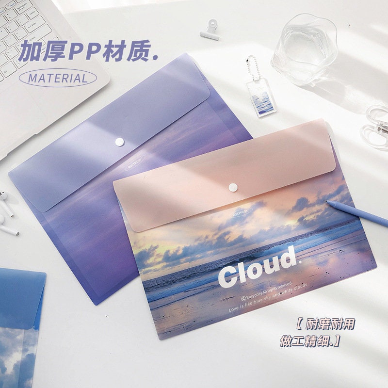 Portable A4 File Folder with Button Closure, durable PP material, sky-themed design, ideal for office or school documents, stationery accessory for organization.