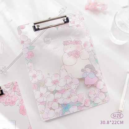 Sakura animal design clipboard with sturdy plastic, decorated with cute floral and animal illustrations in pastel pink and white colors, size 30.8 x 22 cm. Perfect for kawaii stationery lovers.