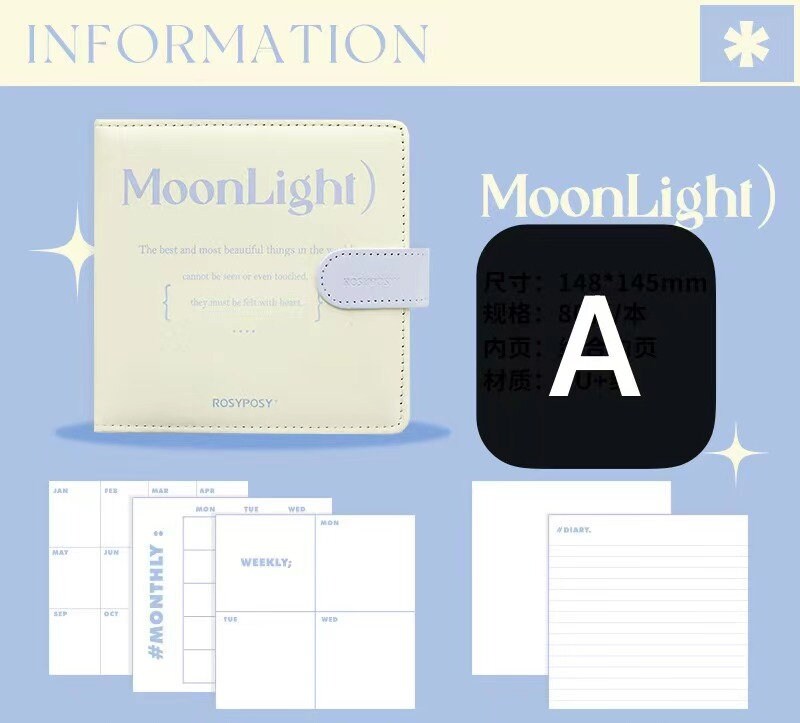 Moonlight Dreamer Colorful Journal - 84 Pages, featuring a pastel cover with "MoonLight" text and internal pages with monthly, weekly, and notes sections.